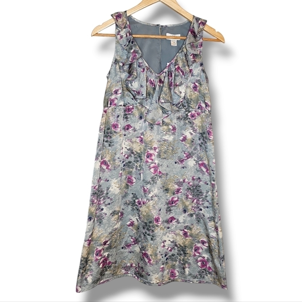 Ann Taylor Loft Gray & Purple Watercolor Floral Print Ruffle Mini Dress-Size 2P